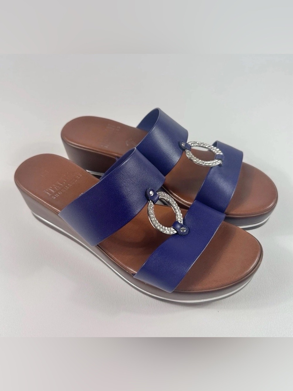 Italian Shoemakers Blue Double Strap Wedge Slide Sandals Rhinestone Women's 8